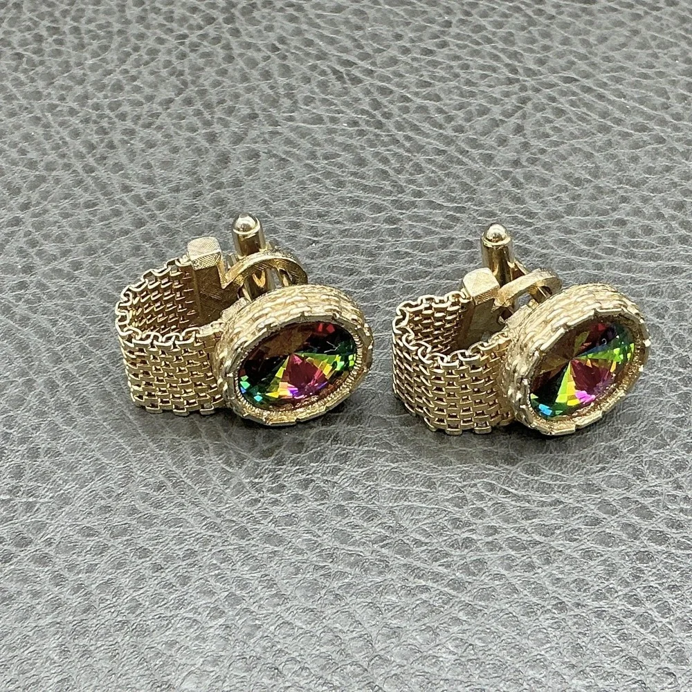 Vintage Dante Cufflinks Mens Gold Tone Mesh Multicolor Glass Round Retro Jewelry
